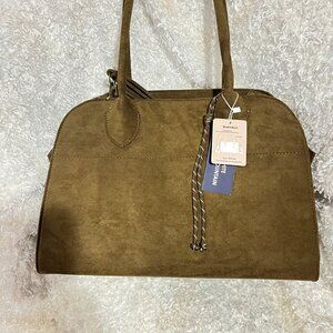 Stone Mountain Sachel In Olive Green Suede like exterior Large open pockets & zi
